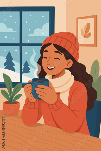 Happy woman enjoying hot steaming coffee or tea in a cozy winter afternoon by the window. Flat vector cartoon illustration, holiday season, Hygge mood.