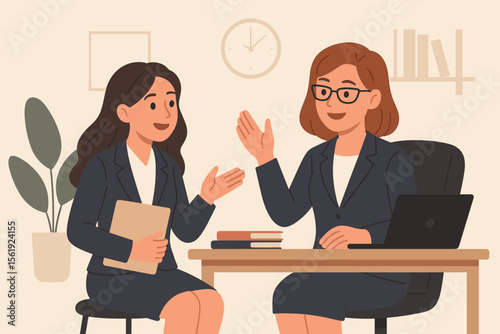 Businesswoman in a friendly meeting with a female boss. Manager and employee discussing work. Concept for job interview, HR, mentorship, or performance review. Modern flat vector.