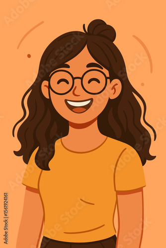 Happy smiling young woman with eyeglasses and messy bun. Cheerful female character portrait with positive emotion. Modern flat vector cartoon illustration for avatar or user profile.