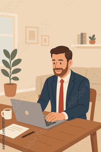 Businessman working from home on a laptop. Professional man at desk in cozy home office interior. Remote work, freelancer lifestyle, telecommuting concept. Modern flat vector illustration.