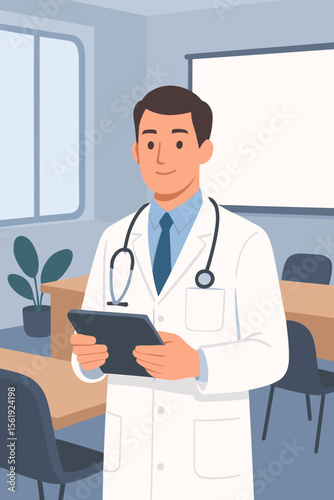 Medical professional in a lab coat using a tablet for telemedicine or EHR. Doctor at a conference or in a clinic office. Modern healthcare technology vector illustration concept.