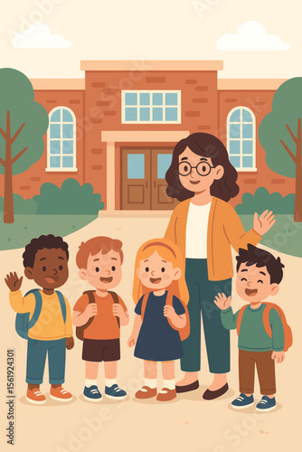Friendly teacher welcoming diverse group of elementary school students. Happy multiethnic children with backpacks ready for class. Back to school concept flat vector illustration.