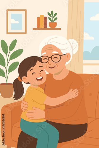 Happy grandmother hugging her smiling granddaughter on the sofa at home. Elderly woman and child embrace. Concept of family love, care, generations, and happy retirement.