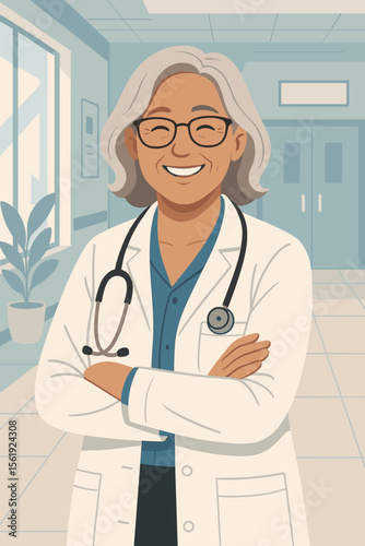 Confident senior female doctor smiling in a hospital corridor. Friendly mature woman physician with stethoscope and lab coat. Healthcare and medicine concept vector illustration.