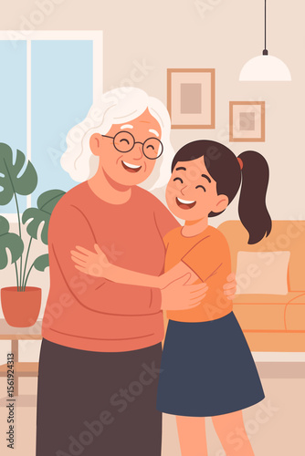 Happy grandmother embracing smiling granddaughter at home. Senior woman and little girl hugging in cozy living room. Family love, togetherness, intergenerational bonding concept.