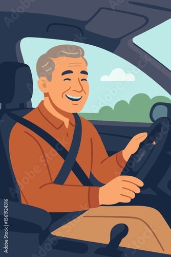 Happy mature man driving car smiling, cheerful senior male driver in modern vehicle interior, safe seatbelt, relaxed elderly person enjoying road trip, flat vector cartoon illustration