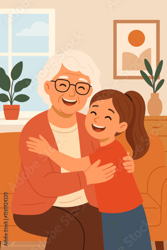 Happy grandmother hugging smiling granddaughter on couch. Family love, care and generations concept. Senior woman and child embrace in a cozy home. Modern flat vector illustration.