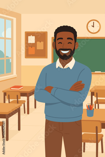 Happy African American male teacher smiling in a primary school classroom. Confident Black educator or professor standing with arms crossed. Education, learning, knowledge concept. Vector