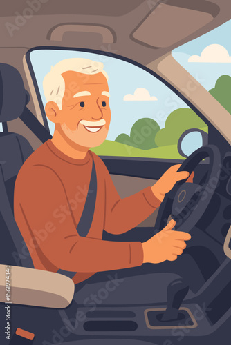 Happy senior man driving a car. Cheerful elderly male character on a road trip. Safe driver with seatbelt on. Vector illustration of a grandfather enjoying his journey. Automobile travel.