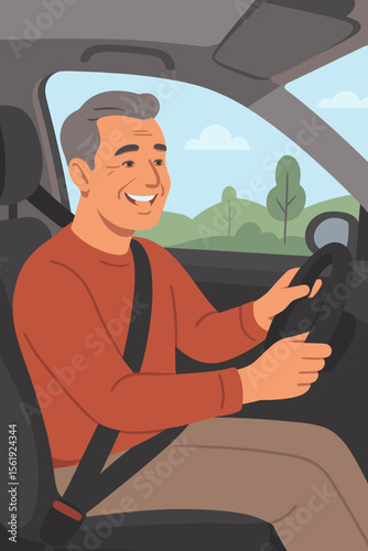 Happy mature man driving car, smiling on a road trip. Senior driver character inside automobile, holding steering wheel. Safe driving with seatbelt. Journey and travel concept vector.