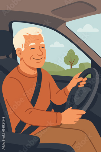 Happy senior man driving car, smiling on a road trip. Elderly male driver enjoying travel. Active retirement lifestyle concept. Safe driving with seatbelt. Flat vector illustration.