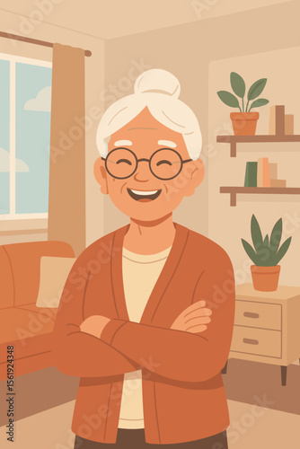 Portrait of a happy senior woman with crossed arms at home. Cheerful elderly grandmother smiling. Concept of healthy aging, retirement lifestyle. Modern flat vector character illustration.