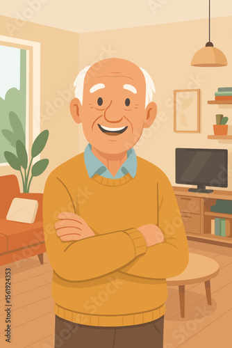Happy senior man standing with arms crossed in a cozy living room. Cheerful elderly grandfather smiling. Vector cartoon illustration of a retired person enjoying life at home. Senior lifestyle.
