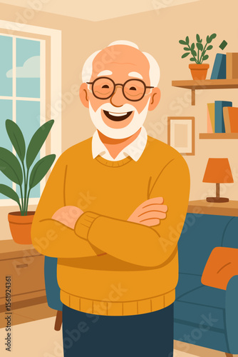 Happy senior man smiling at home. Elderly grandfather character portrait in living room. Confident retired person lifestyle concept. Modern flat vector cartoon illustration.