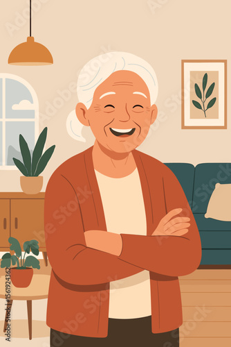 Happy senior woman smiling at home. Cheerful elderly grandmother enjoying retirement in her cozy living room. Positive aging and senior lifestyle concept. Flat vector illustration.