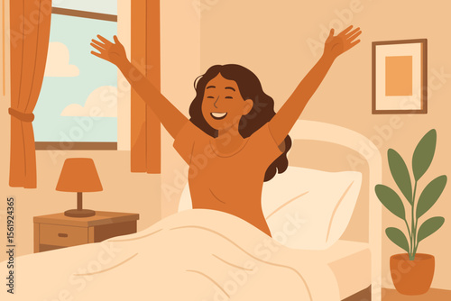 Happy woman waking up in bed, stretching her arms with a smile. Girl enjoying a new day in a cozy bedroom. Good morning, daily routine and self-care concept. Vector cartoon illustration.