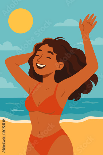 Happy young woman enjoying the sun at a summer beach. Relaxing girl on vacation by the sea. Concept of freedom, leisure, and travel. Modern flat cartoon vector illustration.