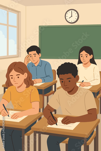 Diverse high school students taking a test in a classroom. Group of concentrated pupils writing a final exam. Concept of education, academic pressure, learning, and assessment. Flat vector.