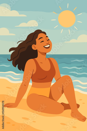 Happy young woman relaxing on a towel under a beach umbrella enjoying the summer sun. Tropical vacation and travel lifestyle concept. Girl on holiday sunbathing by the sea. Flat vector illustration.