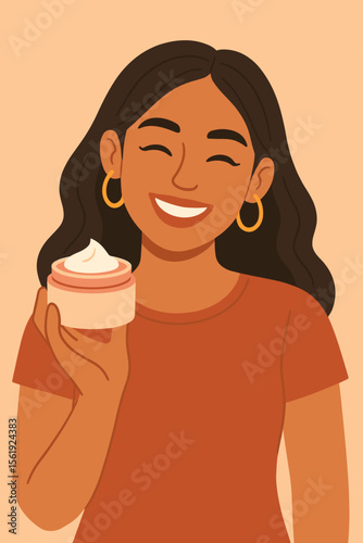 Smiling beautiful woman holding a jar of face cream. Skincare, cosmetics, and self care routine concept. Happy young Latina girl using a beauty product. Modern vector illustration.