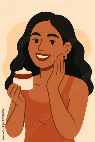 Happy woman applying face cream for her daily skincare routine. Beautiful smiling girl holding cosmetic moisturizer jar. Concept of self-care, cosmetology, healthy skin vector illustration.