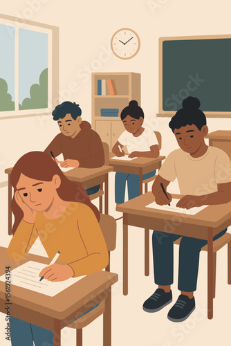 Diverse high school students taking a difficult exam in a classroom. Focused and stressed teenagers writing a test. Concept of education, assessment, academic pressure, and finals.