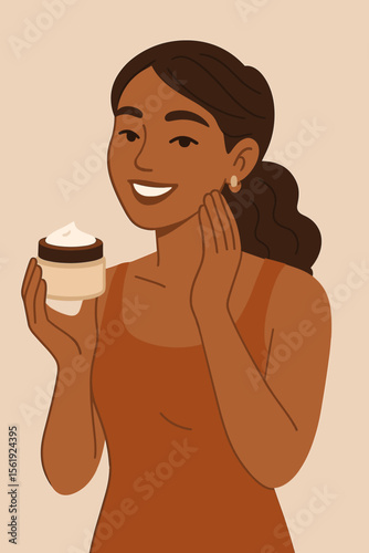 Happy woman with dark skin applying face cream from jar. Skincare routine, self care, and beauty treatment concept. Girl with healthy skin using cosmetic moisturizer. Vector illustration.