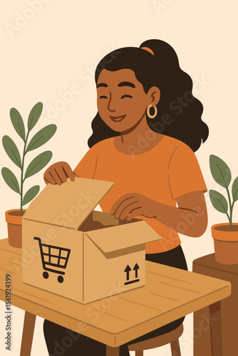 Happy young woman unboxing a package from an online store. Concept of e-commerce, customer satisfaction, and home delivery service. Satisfied customer receives parcel. Flat vector illustration.