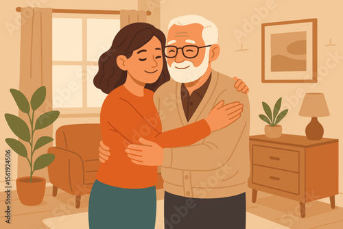 Warm family embrace illustration. Senior man and adult daughter hugging in cozy living room. Generational bond, family love, support, togetherness, home interior, plants, modern flat vector art