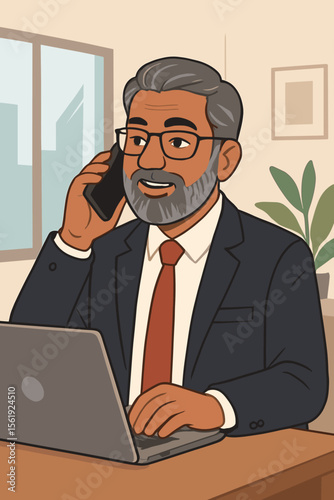 Professional mature businessman in suit multitasking at office desk, talking on smartphone and working on laptop, modern flat vector illustration, corporate workspace, executive concept