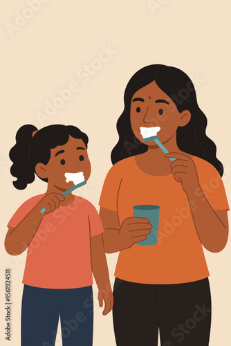 Mother and Daughter Brushing Teeth Together. Family Dental Hygiene Routine. Parent Teaching Child Oral Care. Bathroom Morning Habit. Healthy Lifestyle. Flat Cartoon Vector Illustration.