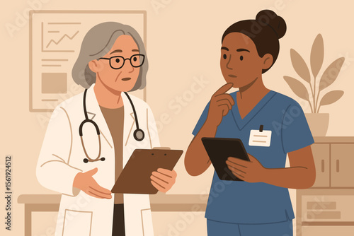 Female doctor and nurse discussing patient case in hospital. Modern flat vector illustration of medical professionals teamwork, healthcare consultation, clinical staff collaboration, chart review
