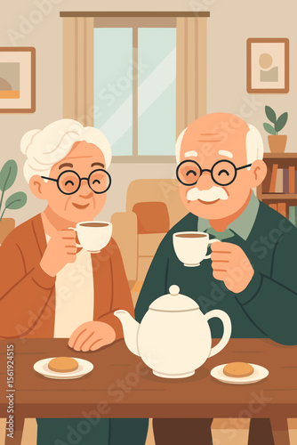 Elderly couple relaxing together at home, drinking tea and eating cookies, cozy living room, senior lifestyle, companionship, leisure time, modern flat vector cartoon illustration
