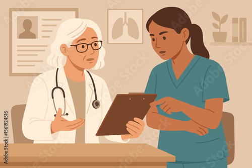 Female doctor and nurse collaborating on patient care, discussing medical chart, teamwork in hospital or clinic, healthcare professionals, modern flat vector illustration, medical consultation concept