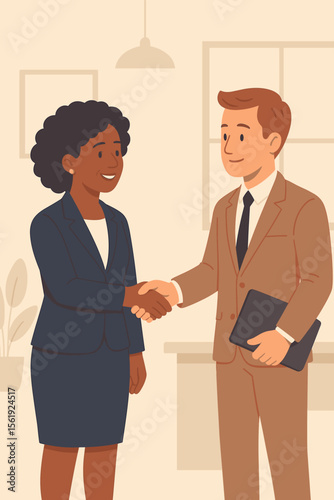 Professional business partnership handshake. Diverse corporate colleagues meeting in modern office. African American businesswoman and businessman collaboration. Flat vector illustration concept.