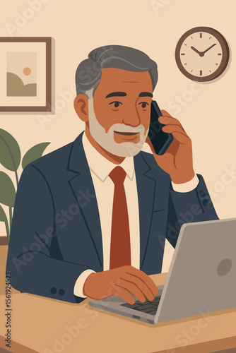 Confident mature businessman with gray hair and beard talking on phone while working on laptop in modern office, professional executive multitasking, corporate leadership concept illustration