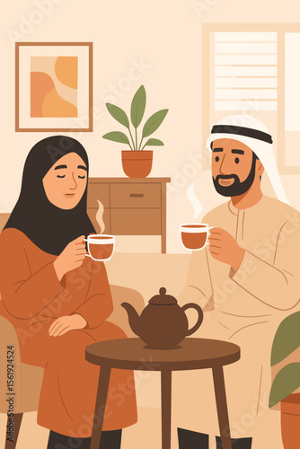 Middle Eastern couple relaxing at home drinking hot tea, traditional clothing, cozy living room interior, Arabic hospitality, modern flat vector illustration, cultural lifestyle concept