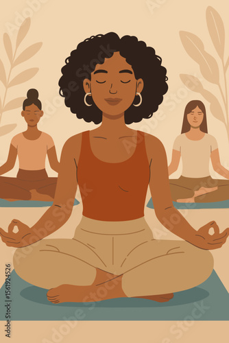 Diverse women practicing meditation in yoga class. Group mindfulness session. Modern flat vector illustration. Self-care, relaxation, wellness, mental health, calm, peaceful indoor activity.