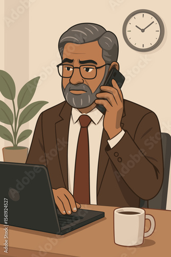 Mature businessman in suit multitasking at office desk, talking on smartphone, working on laptop, coffee cup, indoor workspace, flat vector illustration, professional corporate environment