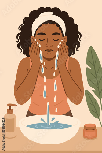 Black woman washing her face in morning skincare routine. African girl cleansing skin. Concept of daily hygiene, beauty ritual, dermatology, and self-care. Modern flat vector cartoon illustration.
