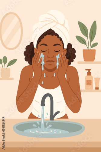 African American woman washing her face in the bathroom. Morning skincare routine concept. Daily hygiene, beauty treatment and self-care. Healthy lifestyle and wellness. Flat vector illustration.