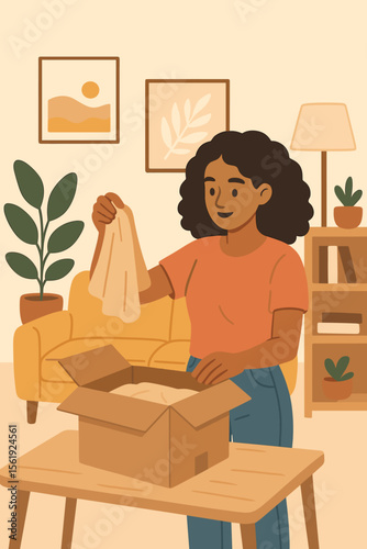 Young woman unpacking online shopping delivery box in cozy living room. Modern flat vector illustration. Home interior, casual clothing, plants, bookshelf, unpacking, ecommerce, lifestyle concept