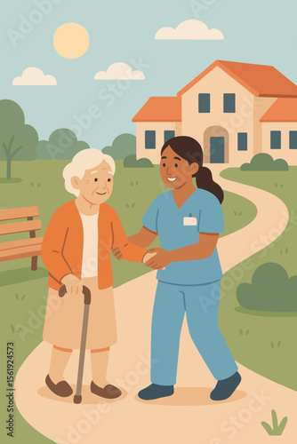 Elderly Woman Assisted by Nurse Walking Outdoors in Retirement Home Garden. Senior Caregiver Support. Flat Vector Illustration. Nursing Home, Healthcare, Aging, Compassion, Geriatric Assistance