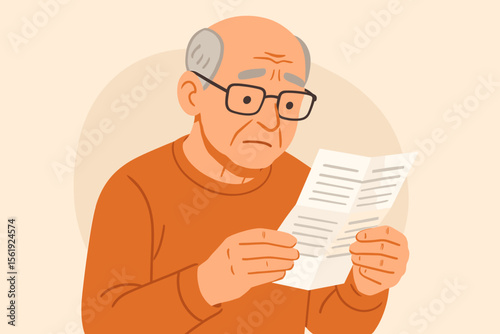 Elderly man with glasses reading medication instructions. Senior holding prescription leaflet. Healthcare, medical information, patient education. Modern flat vector illustration. Aging concept.