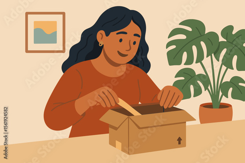 Woman opening cardboard box at home. Unboxing delivery package. Modern flat vector illustration. Online shopping, e-commerce, receiving parcel, home interior, houseplant, cozy lifestyle concept