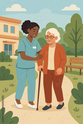Friendly nurse assisting elderly woman with cane outdoors in retirement home park. Senior care, support, healthcare, companionship, aging, nursing home, flat vector illustration, caregiving concept