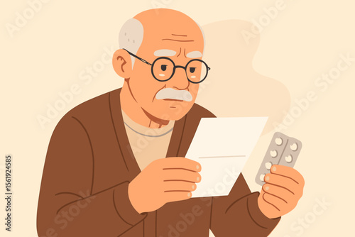 Elderly man reading medication instructions, holding pill blister pack, senior healthcare concept, prescription leaflet, modern flat vector illustration, patient safety, medical guidance