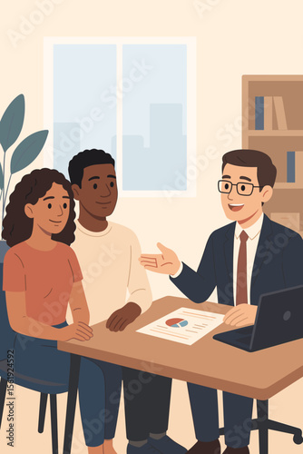Mixed race couple consulting financial advisor in modern office. Financial planning, investment advice, business meeting, diverse clients, professional consultation, flat vector illustration