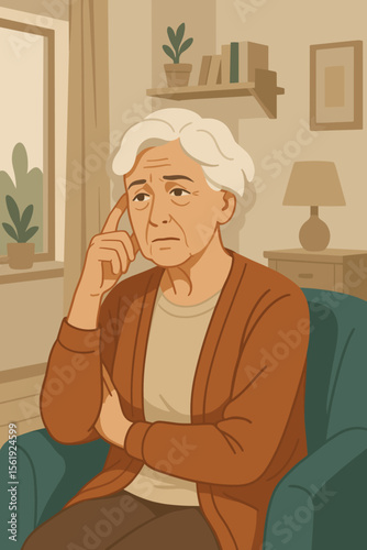Thoughtful elderly woman sitting in cozy living room, hand on chin, contemplating life. Senior female at home, retirement, wisdom, solitude, peaceful atmosphere. Modern flat vector illustration