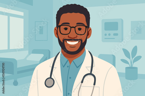 Confident African American doctor in hospital setting. Medical professional with stethoscope. Healthcare worker portrait. Modern flat vector illustration. Clinic interior background. Medicine concept